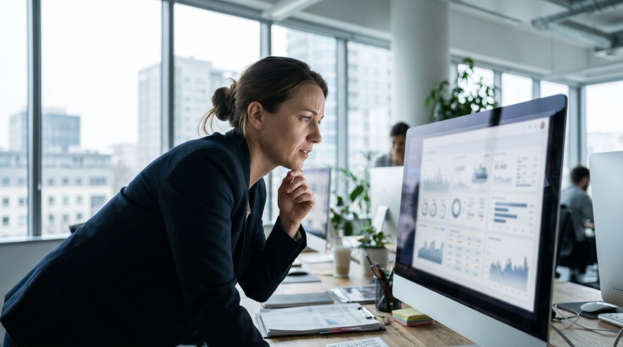 A marketing manager at a desk reviewing a Google Ads performance dashboard on a large monitor in a modern office, cool natural light, shallow depth of field